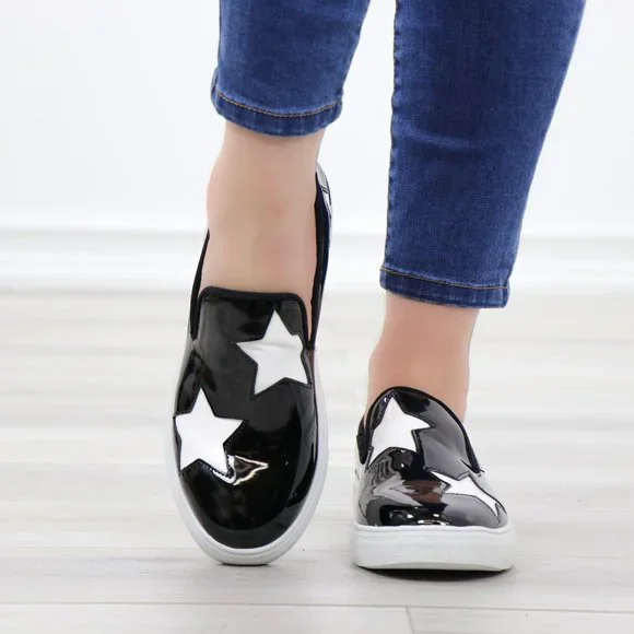 Black With White Stars Patent Sneakers Shoes - Picture 9 of 14